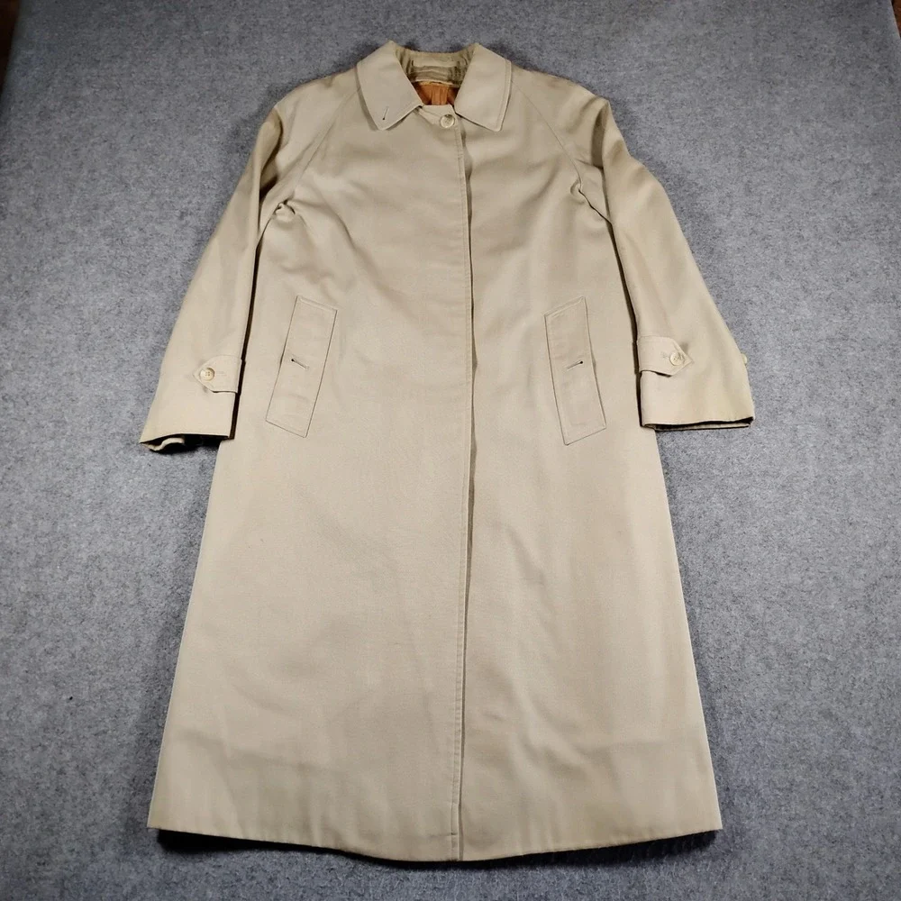 VTG Burberrys England Lane Crawford Beige Trench Coat Wool Liner Womens 6 Petite - Picture 1 of 16